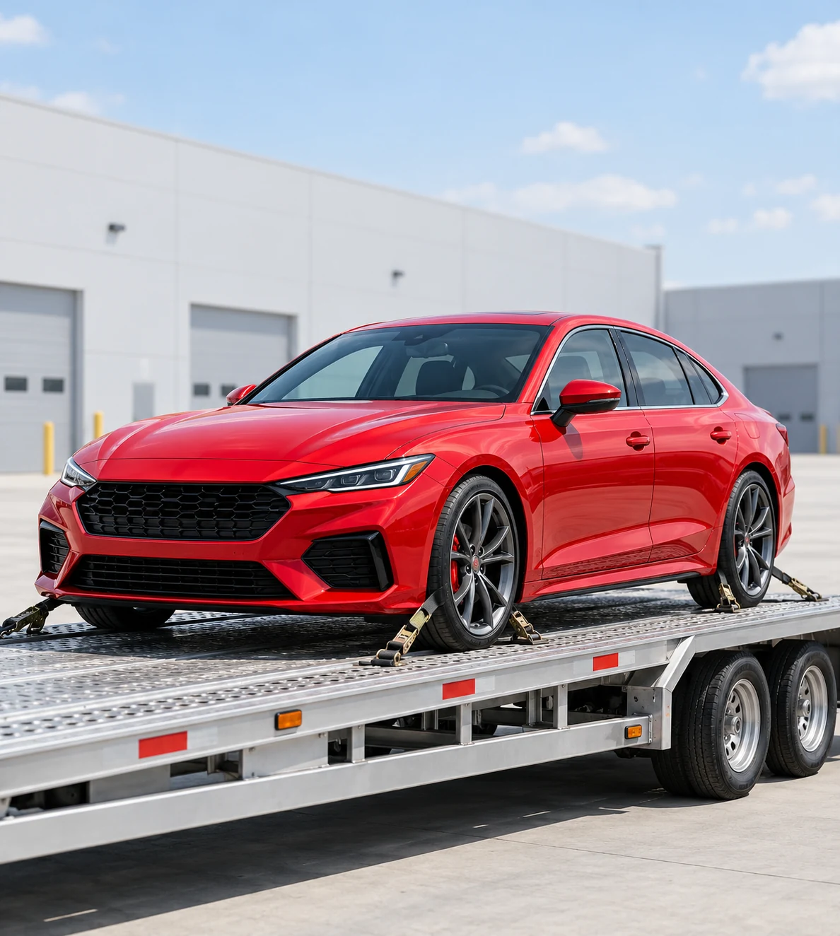 Illustrative red sports sedan secured on an auto transport trailer